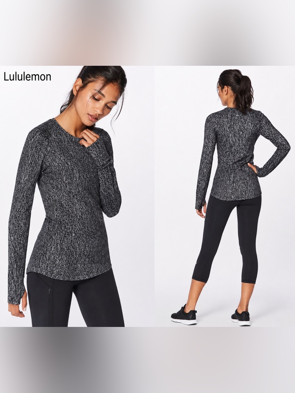 Lululemon Extra Mile Long Sleeve Top Size 4 Black White Jacquard Thumbholes